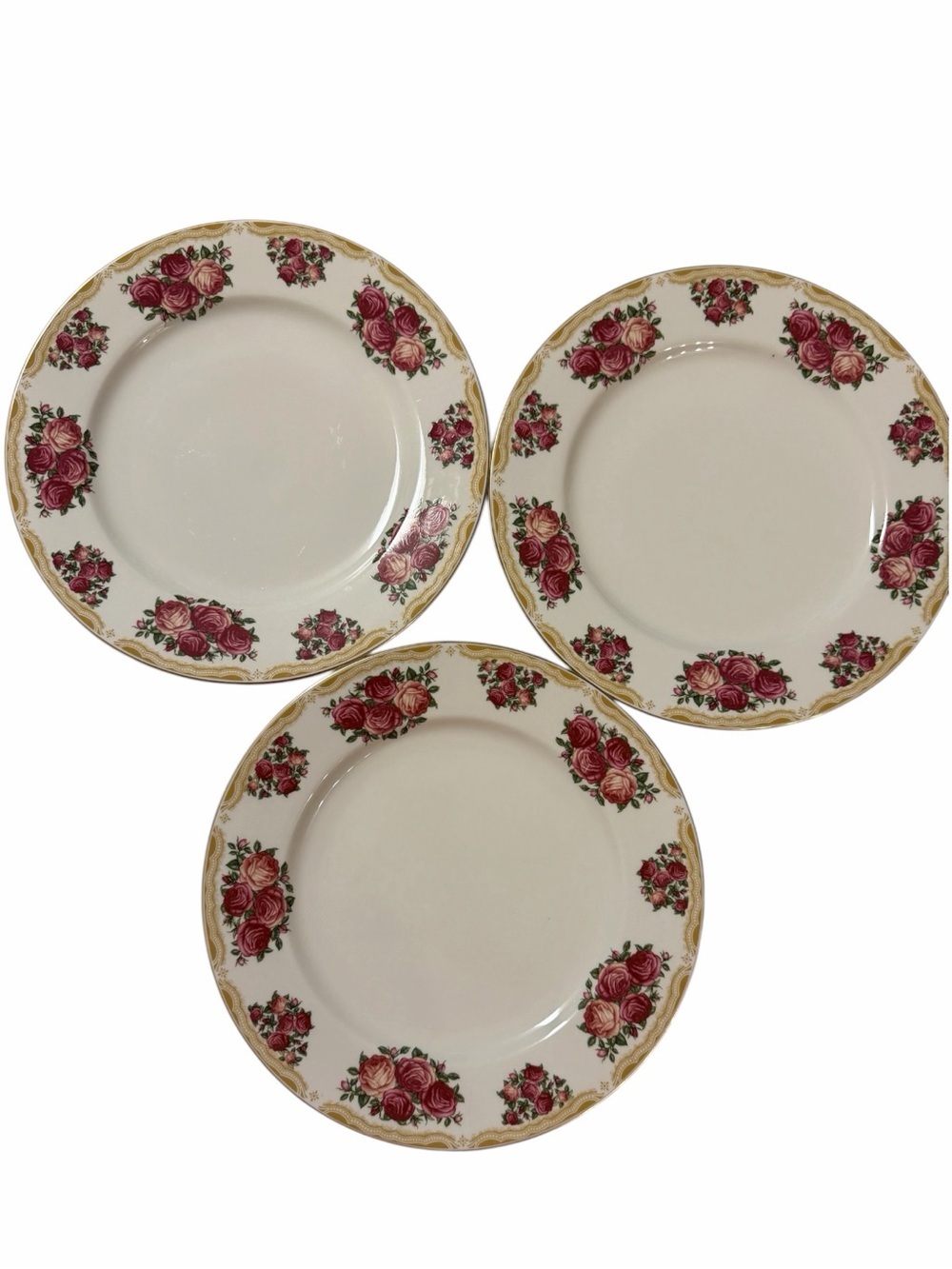 Set of 3 Vintage Rose-Pattern Dinner Plates. White w/ Pink Floral & Gold Border.